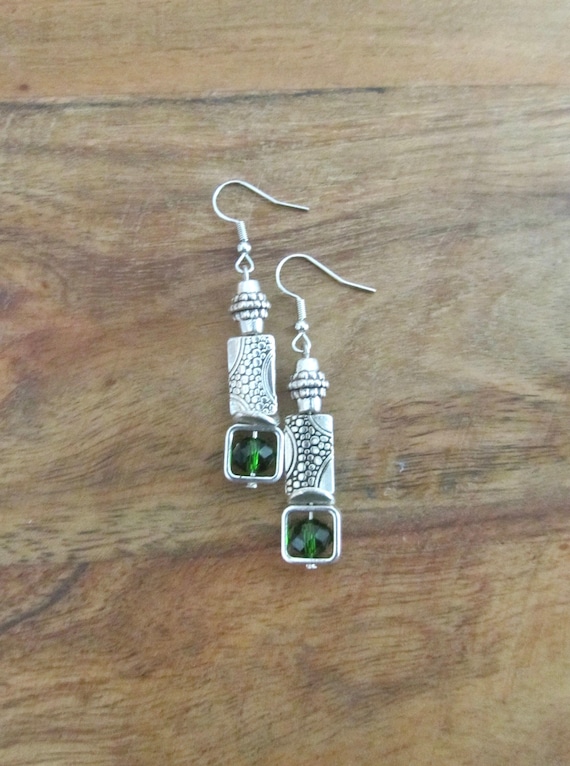 Silver and green crystal earrings