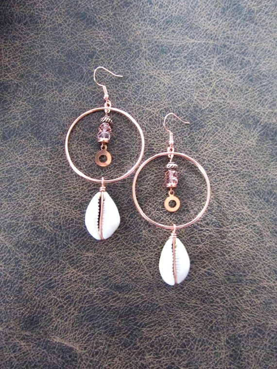 Cowrie shell and copper hoop earrings
