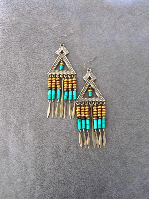 Large Chandelier Boho Earrings, Tribal Howlite and Wood Bead Earrings
