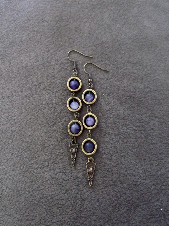 Purple amethyst and bronze dangle earrings