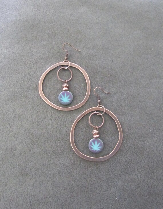 Copper hoop and marijuana leaf earrings