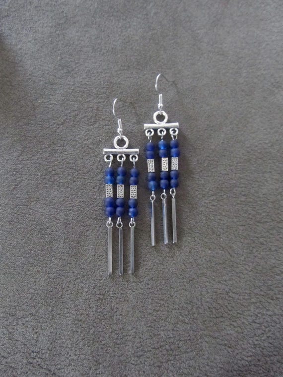 Blue frosted glass chandelier earrings