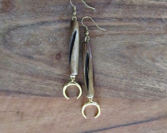 Ethnic tribal carved bone dangle earrings, gold