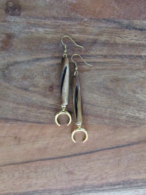 Ethnic tribal carved bone dangle earrings, gold