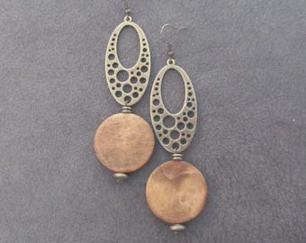 Mid Century Modern Wood Bronze Dangle Earrings, Afrocentric Statement Jewelry