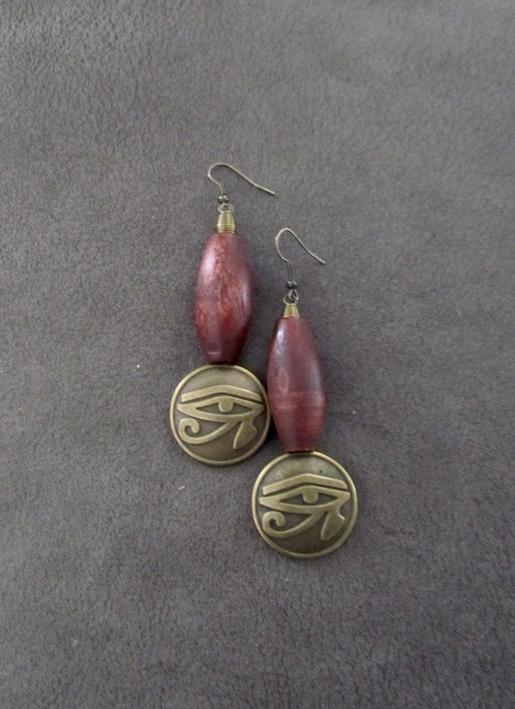 Egyptian African earrings, bold statement earrings, ethnic tribal earrings, stained wood, Afrocentric eye of Ra earrings, mythology 2