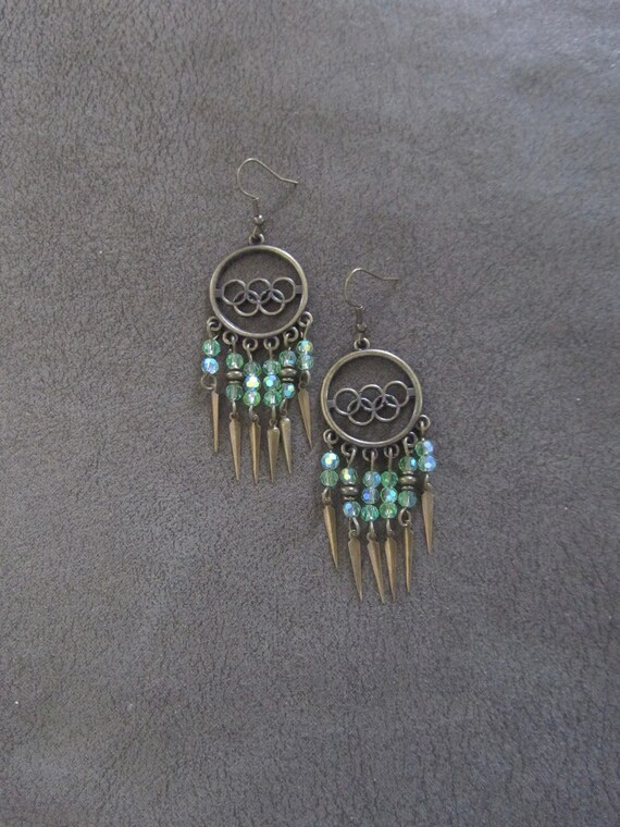Crystal chandelier earrings, green and bronze earrings