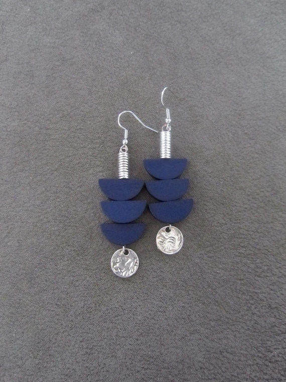 Navy blue wooden earrings, mid century modern earrings, unique pagoda earrings, silver