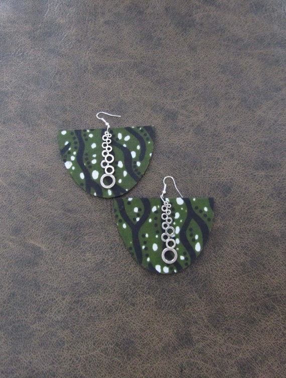 Oversized Ankara print fabric and wooden earrings, semicircle, green
