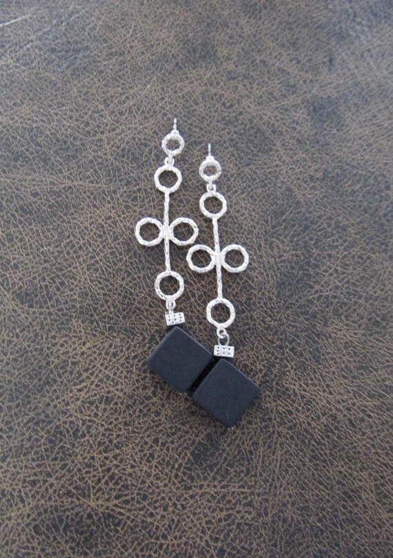 Modern silver and black stone geometric earrings 2