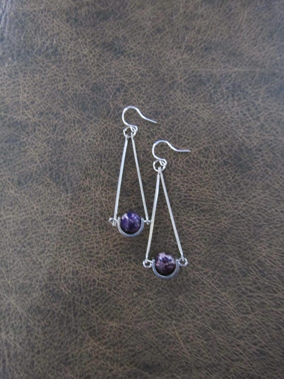Pendulum purple jasper earrings, silver