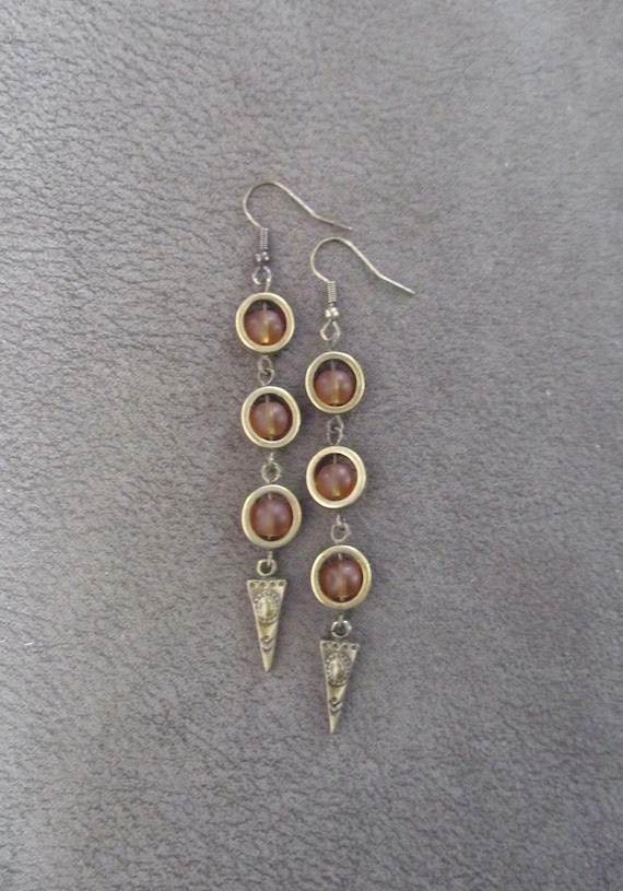 Orange frosted glass earrings, geometric earrings, artisan bronze