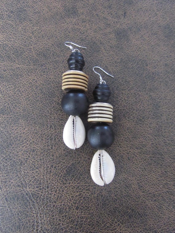 Upcycled chunky wood and cowrie shell earrings