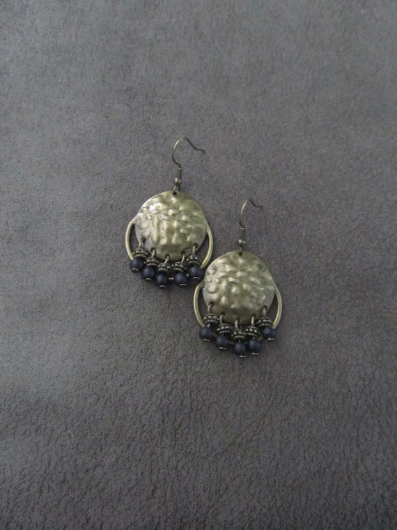 Black frosted glass and hammered bronze chandelier earrings