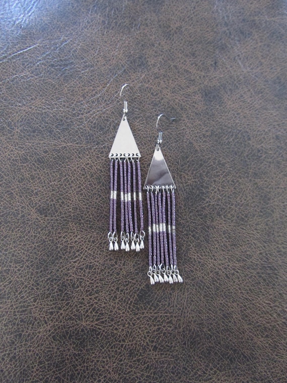 Long seed bead chandelier earrings, purple