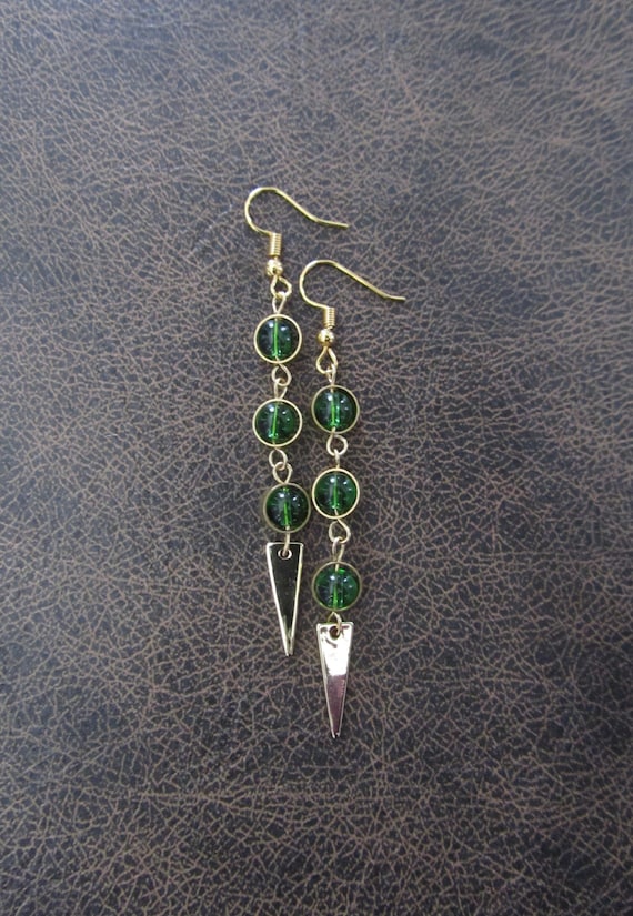 Green and gold dangle earrings