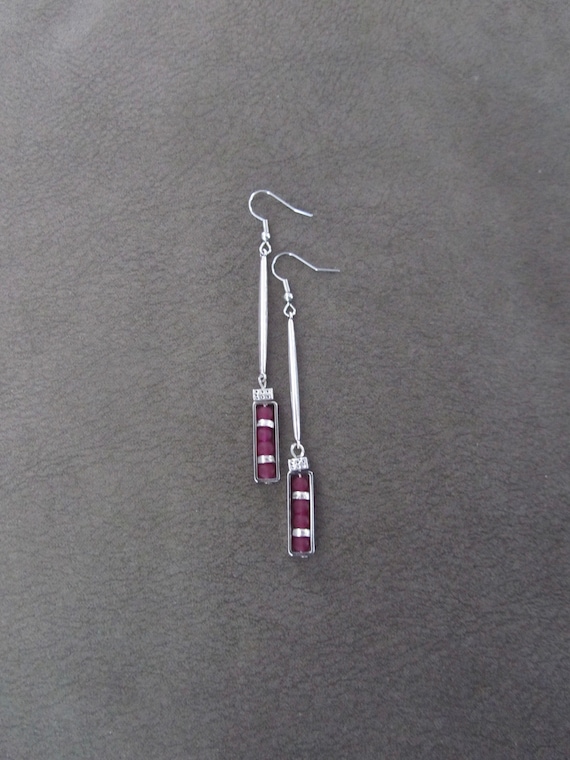 Long fuchsia pink sea glass and silver earrings