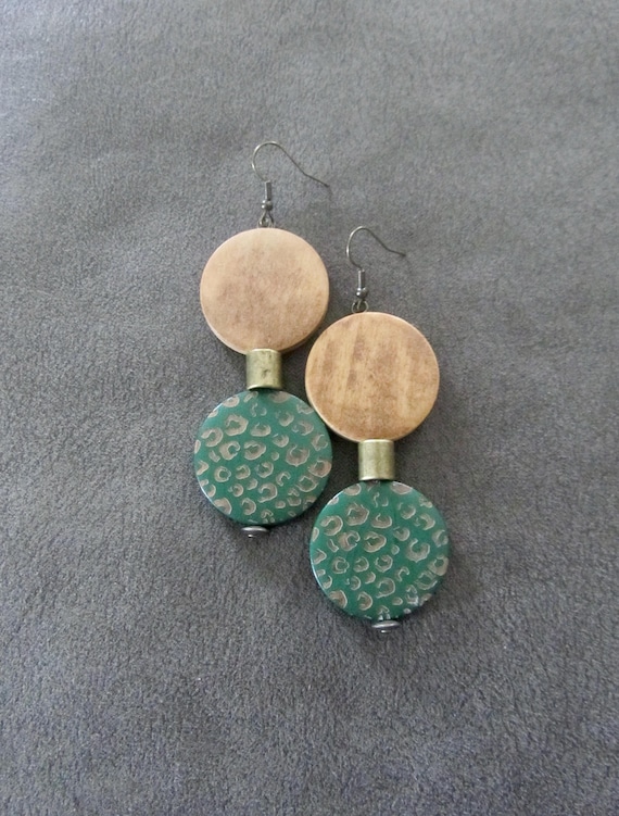Large green wooden and natural earrings
