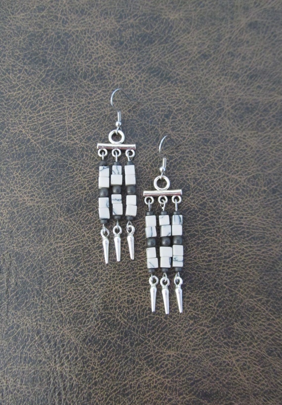 Marble stone and silver chandelier earrings