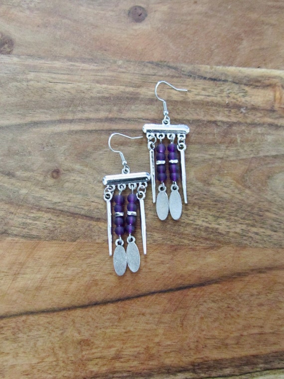 Purple frosted glass chandelier earrings
