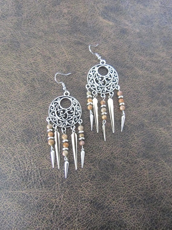 Tiger jasper long bohemian chandelier earrings