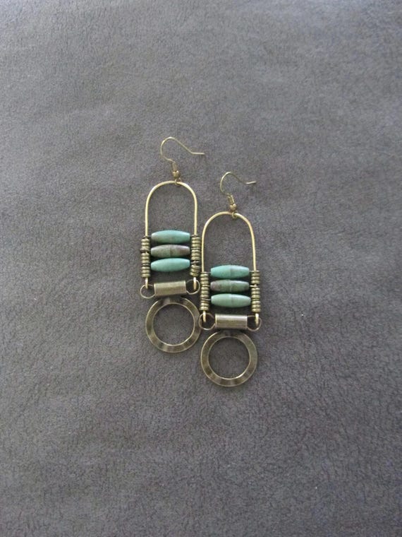 Ethnic earrings,  Afrocentric earrings, boho earrings, tribal earrings, bronze and teal rustic earrings, bold earrings, modern 2