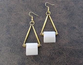 African print bone earrings, White and gold