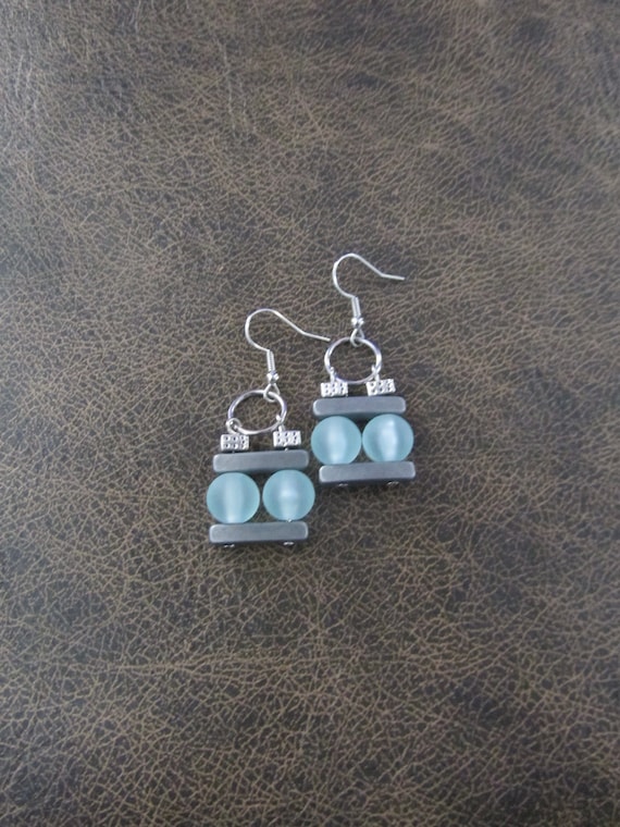 Mid century modern earrings, Brutalist earrings, minimalist earrings, ice blue unique artisan earrings, frosted sea glass earring, pewter