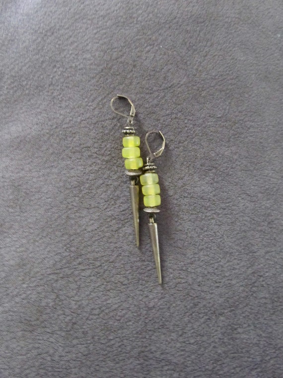 Yellow frosted glass earrings, bronze spike