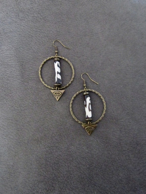 Batik print bone and bronze hoop earrings