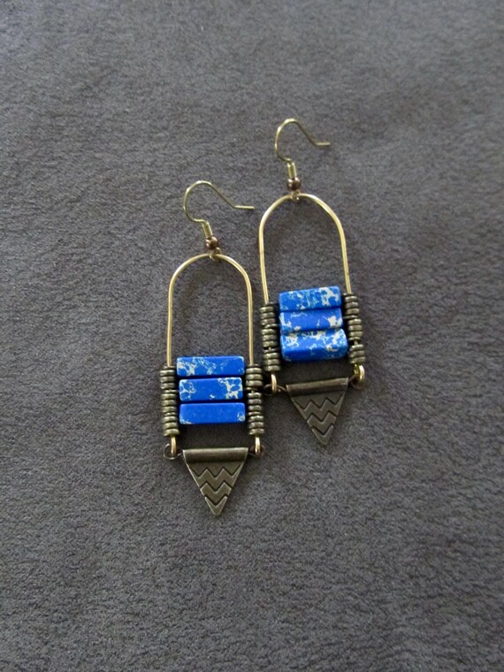 Sediment jasper and bronze ethnic earrings, royal blue