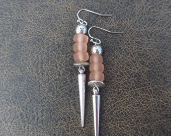 Peach frosted glass earrings, silver spike