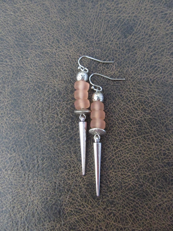 Peach frosted glass earrings, silver spike