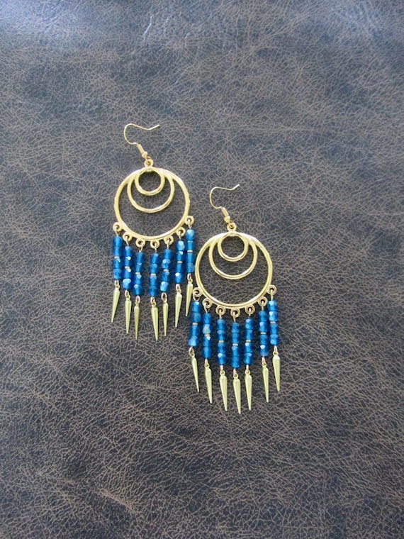 Blue and gold chandelier earrings, gypsy crystal dangle earrings 2