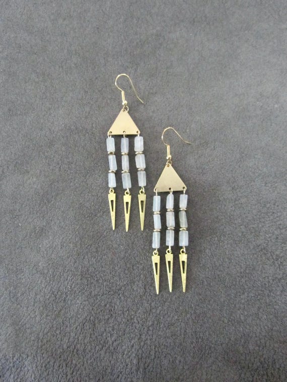 Brass chandelier and green stone earrings