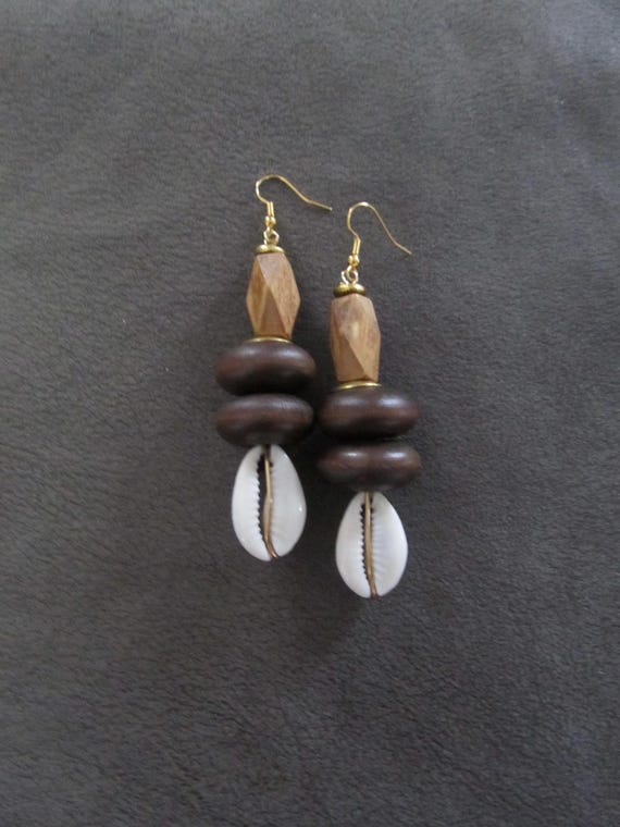 Bold chunky cowrie shell and brown wooden earrings