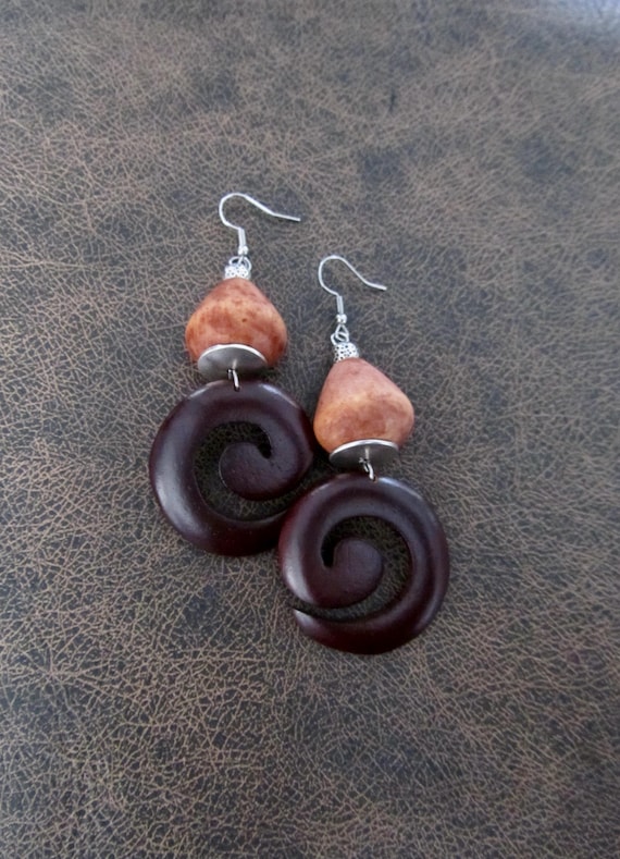 Large spiral natural wooden earrings