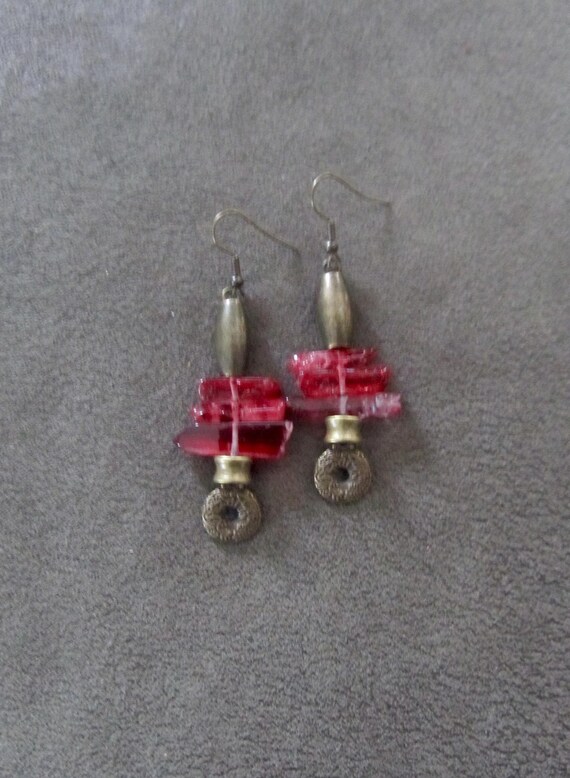 Raw quartz crystal earrings red and bronze