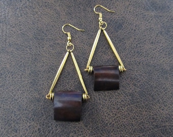 African print bone earrings, brown and gold