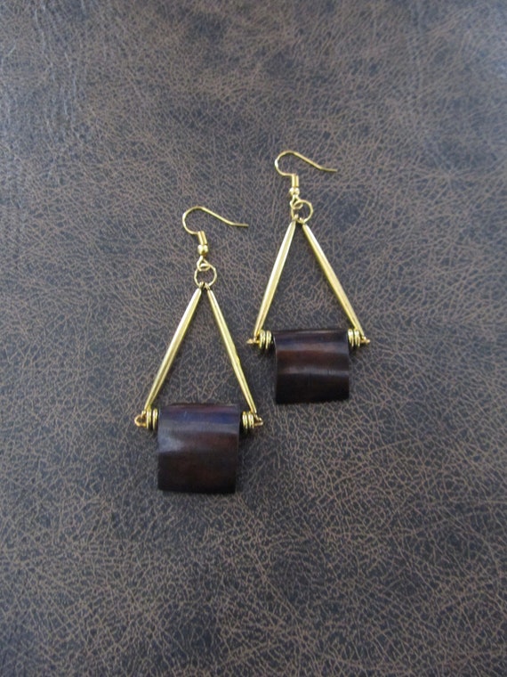 African print bone earrings, brown and gold