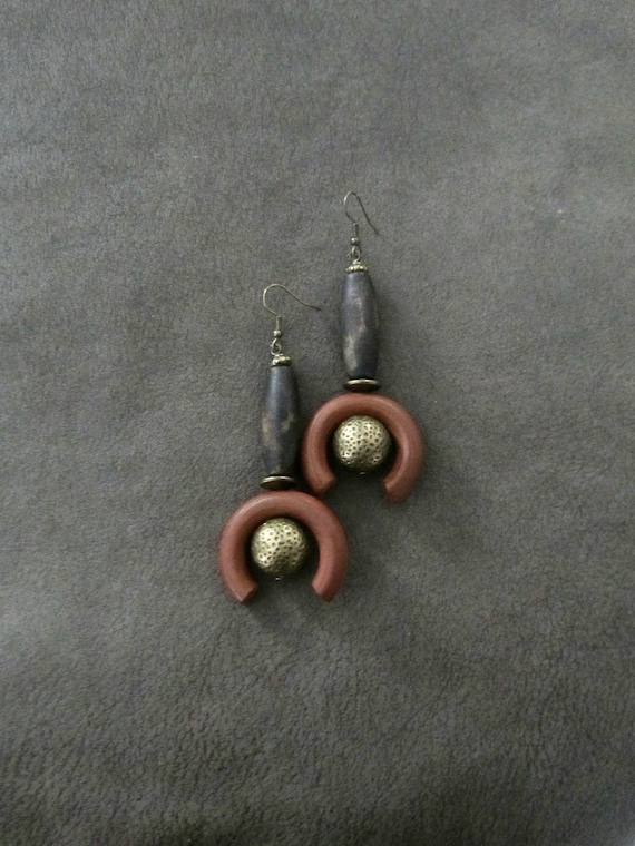 Long modern earrings, chunky wooden earrings