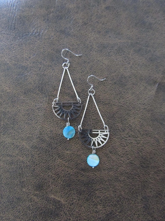 Blue mother of pearl shell and silver earrings 2