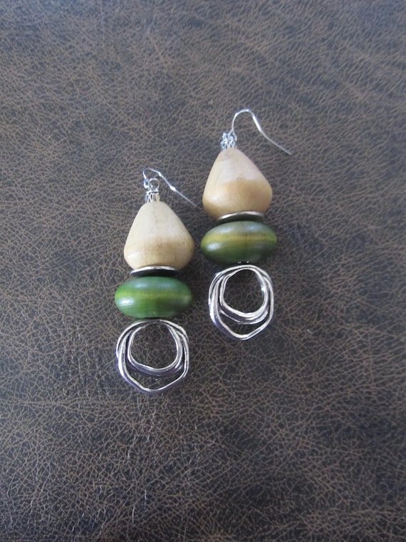 Chunky green wooden and hammered silver earrings