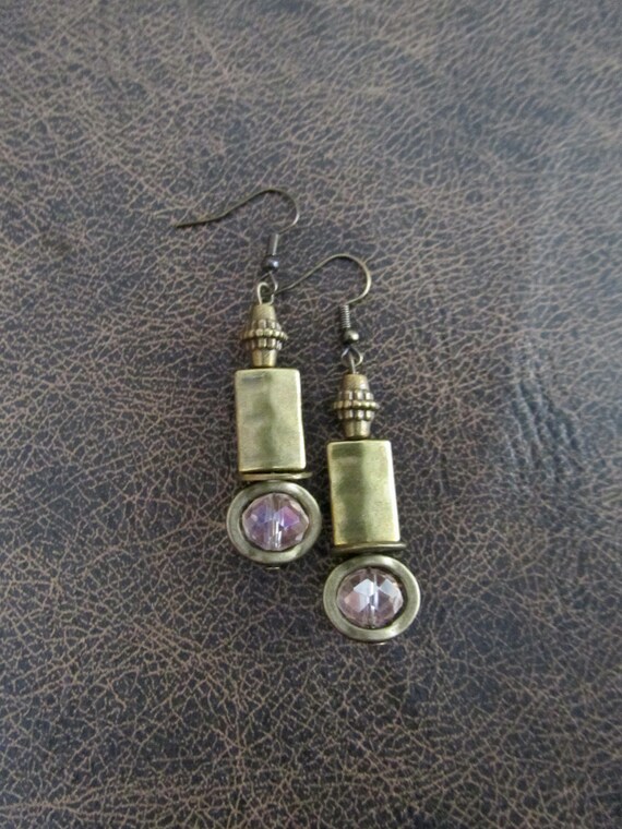 Unique hammered bronze and peach crystal earrings