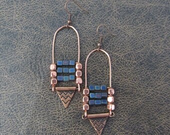 Copper ethnic earrings, chandelier earrings, statement earrings, chunky bold earrings, etched metal earrings, blue multicolor earrings