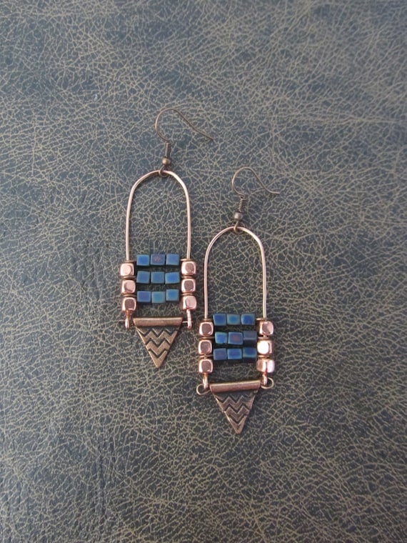 Copper ethnic earrings, chandelier earrings, statement earrings, chunky bold earrings, etched metal earrings, blue multicolor earrings