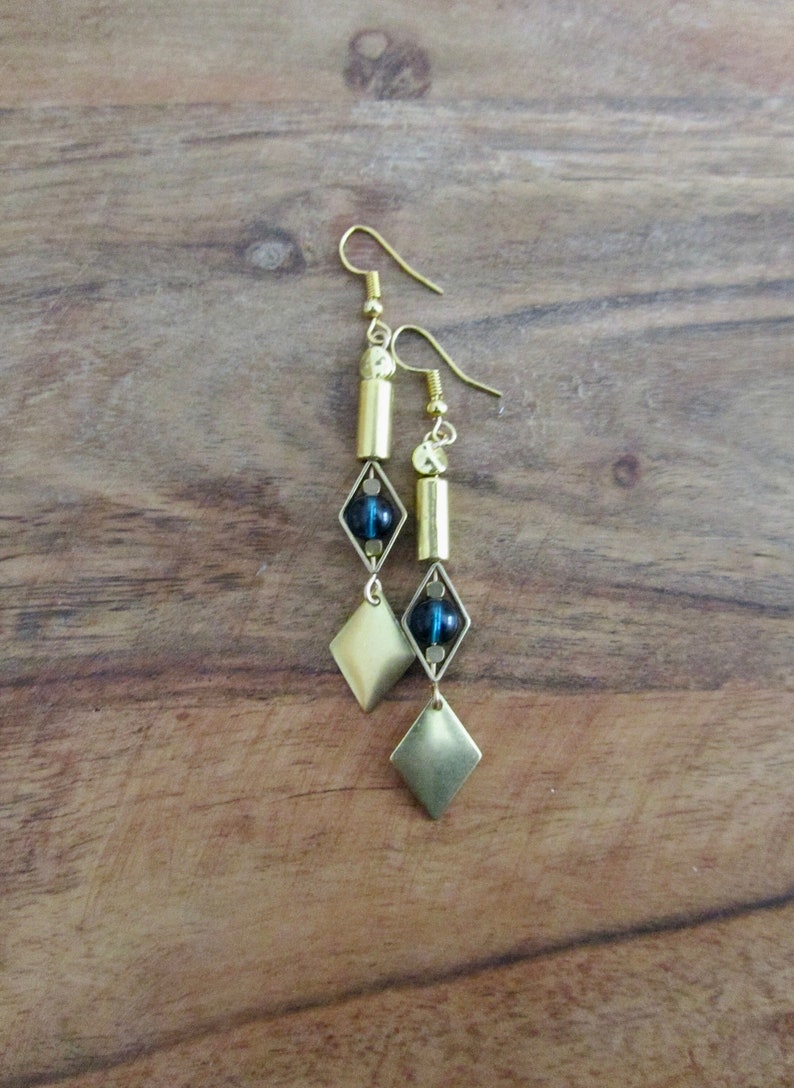 Brass and blue geometric earrings 画像 1