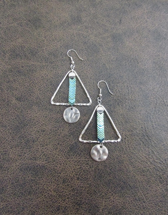 Hammered silver triangle and hematite earrings