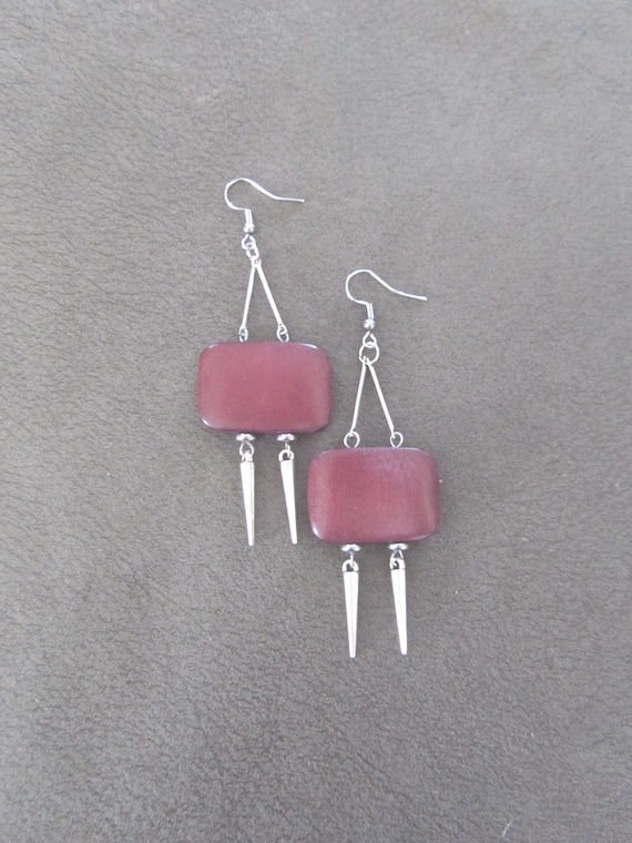 Large geometric mid century wooden earrings, red
