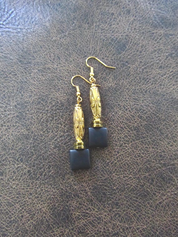 Black frosted glass and gold earrings